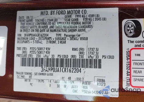 2012 Ford Fusion Sel из США, поврежденный, VIN 3FAHP0JA1CR162204